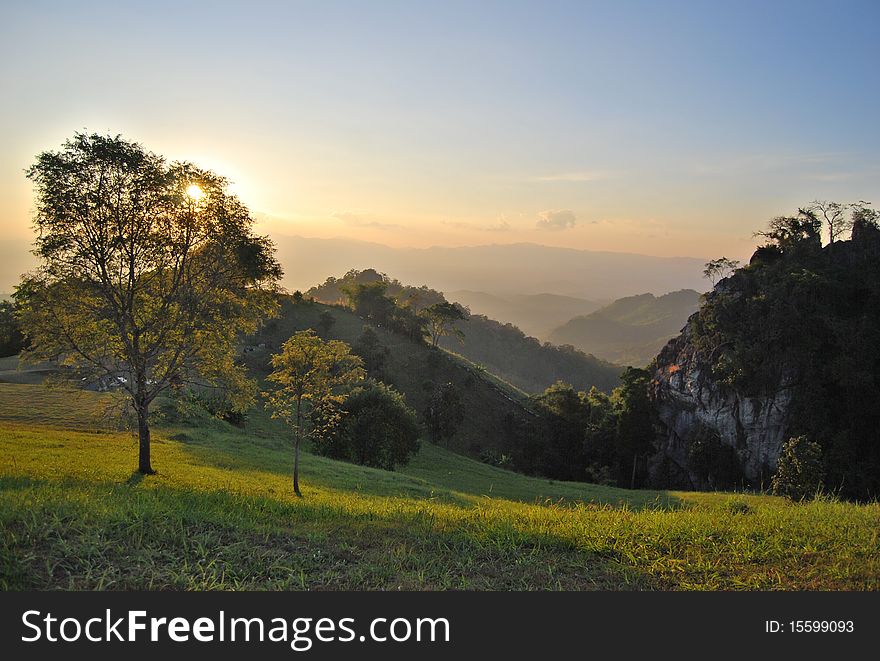 Sunrise and fog on the mountain Thailand