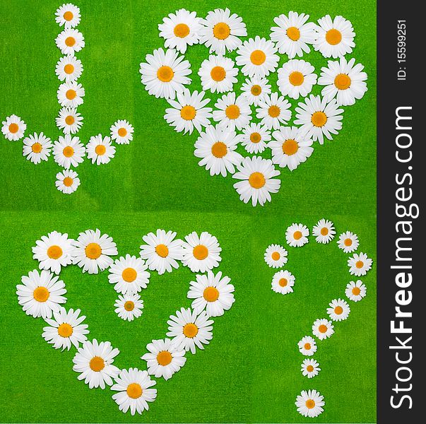 Daisywheels on green background in the manner of arrows and heart
