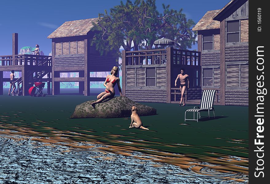 Computer generated scene of two young couples who live on a mountain lake