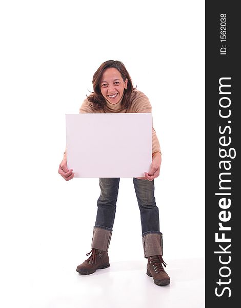 Woman holding a blank card for lettering over white background. Woman holding a blank card for lettering over white background