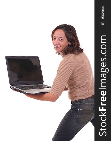 Woman holding a laptop in his hands over white background. Woman holding a laptop in his hands over white background