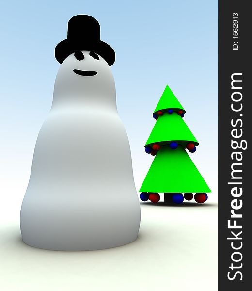A computer created Christmas scene of a snowman and Christmas tree. A computer created Christmas scene of a snowman and Christmas tree.