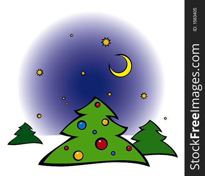 Cartoon illustration of night christmas landscape