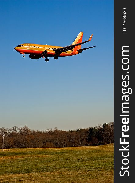 Vertical view of a colorful Boeing 737 passenger airliner with wheels down for landing. Clear and open space for text. Vertical view of a colorful Boeing 737 passenger airliner with wheels down for landing. Clear and open space for text.