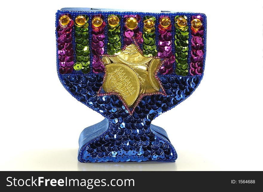 Photo of CHanukah Menorah Filled WIth Candy Gelt (CHocolate Coins) - Chanukah Decoration