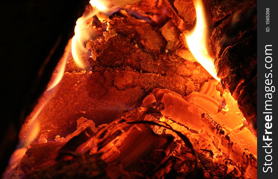 Fireplace Close-up with Burning Fire Coals