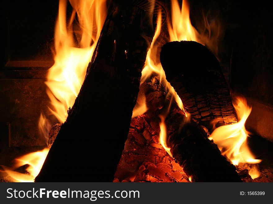 Fireplace Close-up with Burning Fire Coals