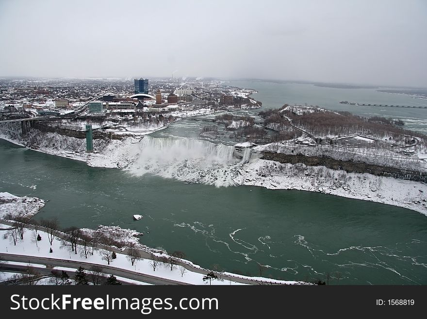 Aerail View of Niagara Falls in the Winter - Horseshoe Falls. Aerail View of Niagara Falls in the Winter - Horseshoe Falls