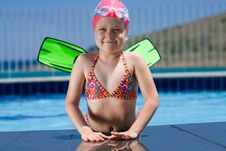 Little Child In Bathing Cap, Glasses, Fins Near Sw Royalty Free Stock Photos