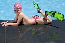 Little Child In Bathing Cap, Glasses, Fins Near Sw Royalty Free Stock Photos