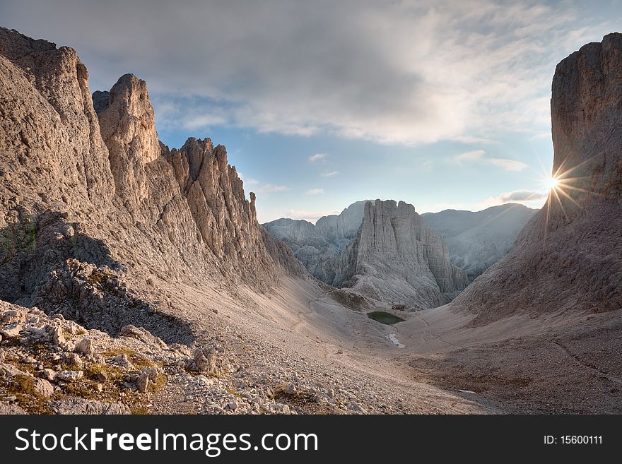 Vailoet towers stand at the bottom of Gartl valley, Dolomites, Italy. Vailoet towers stand at the bottom of Gartl valley, Dolomites, Italy