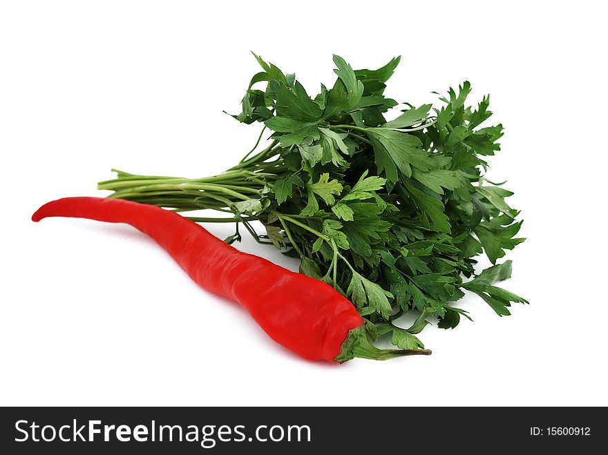 Pepper and parsley on a white background