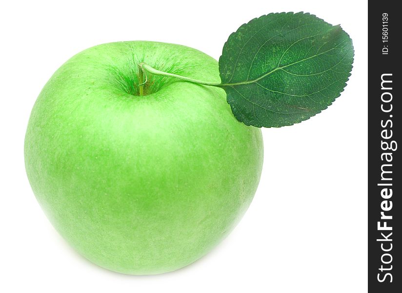 Ripe green apple with green leaf. Isolated on white background.