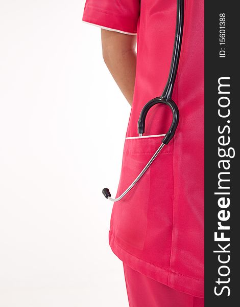 Stethoscope inside nurse uniform pocket. Stethoscope inside nurse uniform pocket