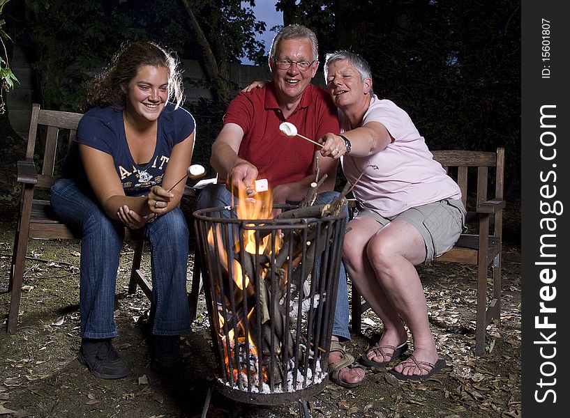 Family at campfire in the garden