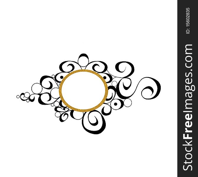 A white background with a big black decorative,ornamental pattern and a round gold frame. A white background with a big black decorative,ornamental pattern and a round gold frame