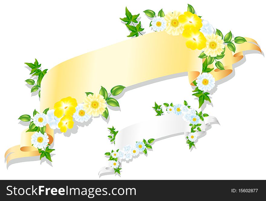 Yellow banner with flowers, write your own words on it.  File includes clipping path. Yellow banner with flowers, write your own words on it.  File includes clipping path.