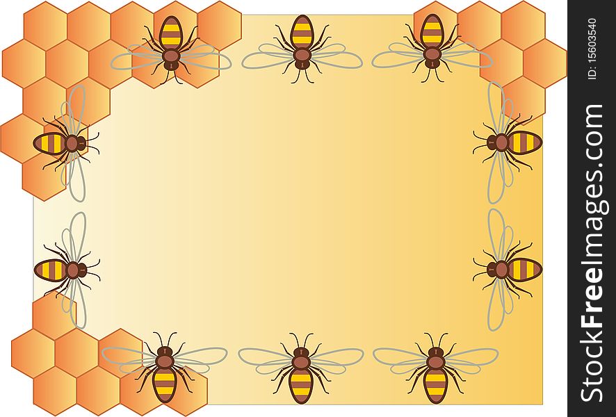 Bees and honeycombs are shown in the picture. Bees and honeycombs are shown in the picture