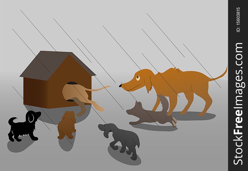 Several dogs hiding from rain. Vector