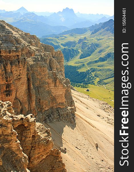 A view from the Pordoi cable car station in the Italian Dolomite mountains, looking towards the Ossario del Pordoi. A view from the Pordoi cable car station in the Italian Dolomite mountains, looking towards the Ossario del Pordoi