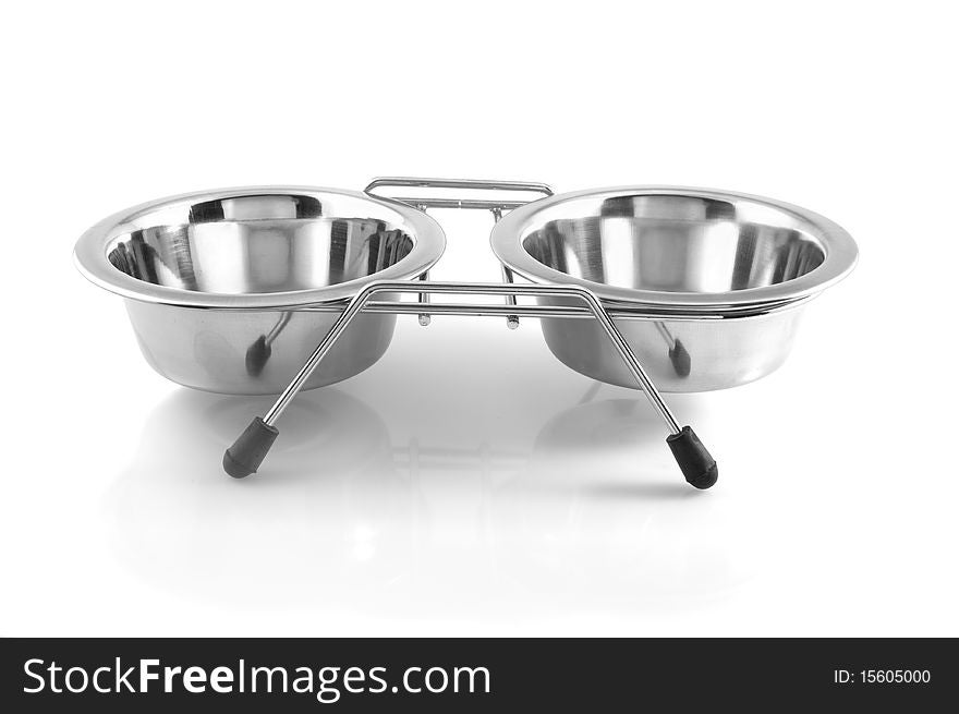 Two bowls with dog food and water, isolated on  white background.