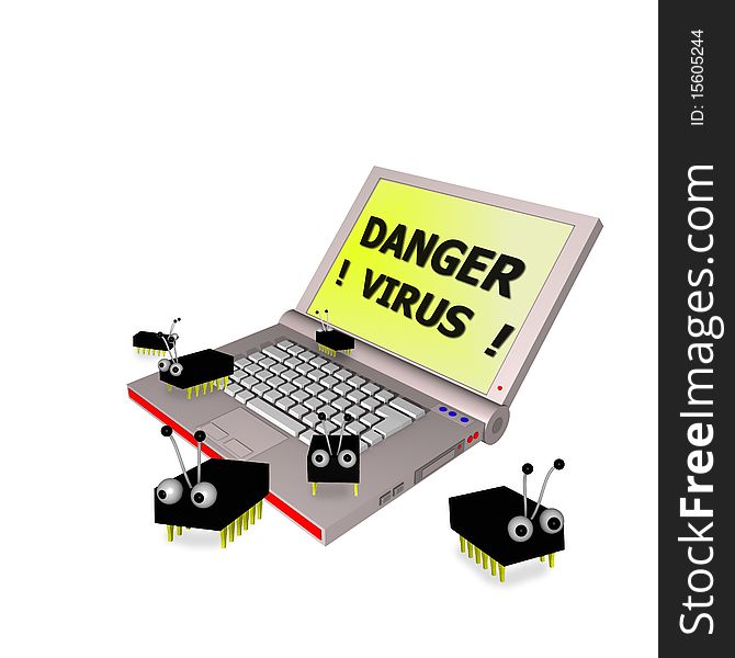 An 3d laptop with a display saying: danger virus with little e-bugs on it. An 3d laptop with a display saying: danger virus with little e-bugs on it