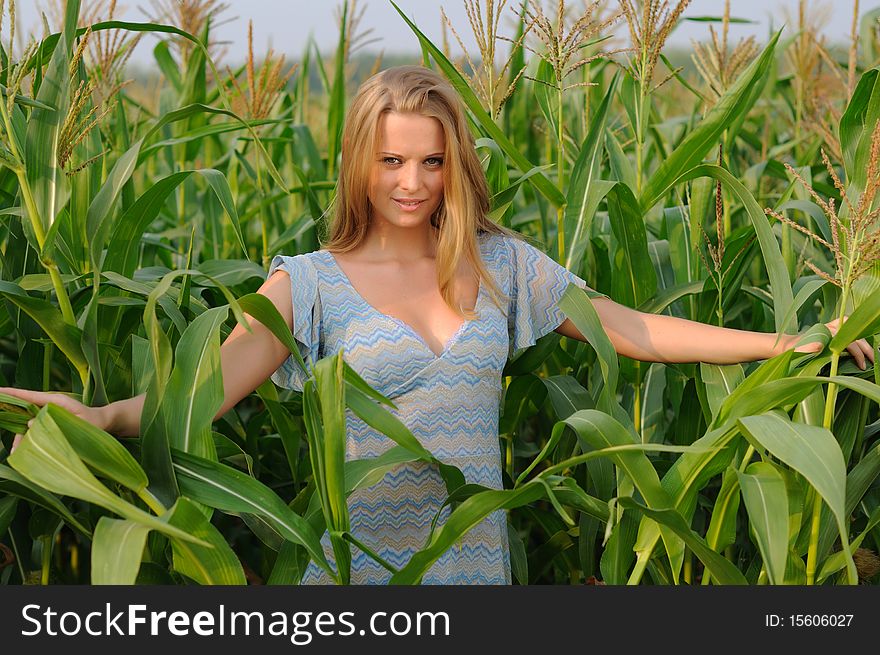 Young girl on a background of green maize and blue sky