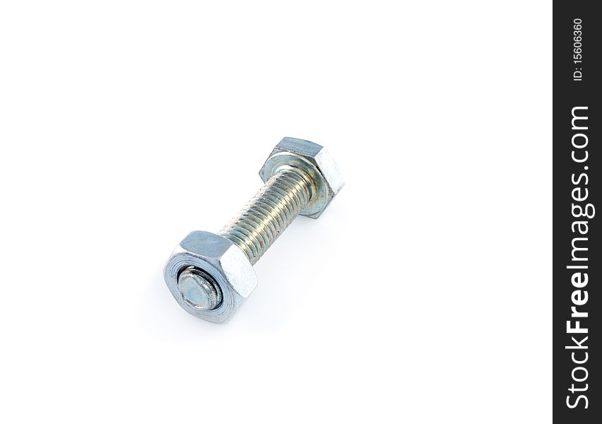 Metal bolt and nut on white background