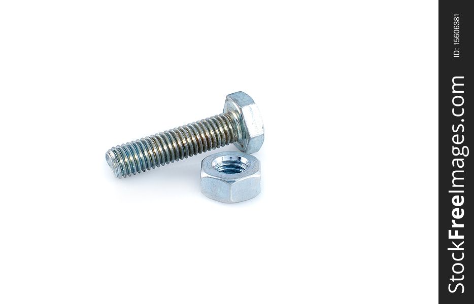 Metal bolt and nut  on white background