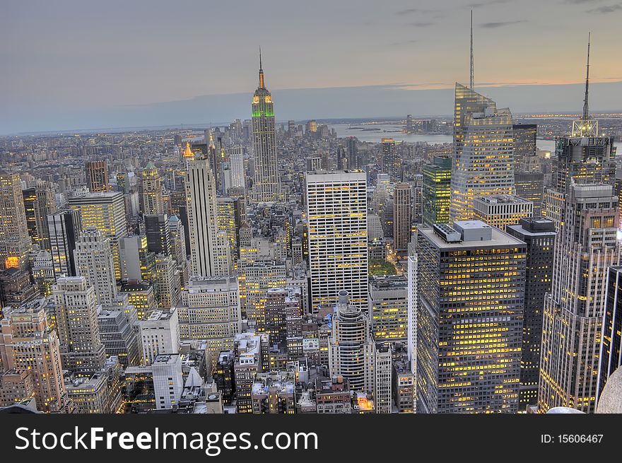 A striking image of the midtown Manhattan skyline photographed after sunset