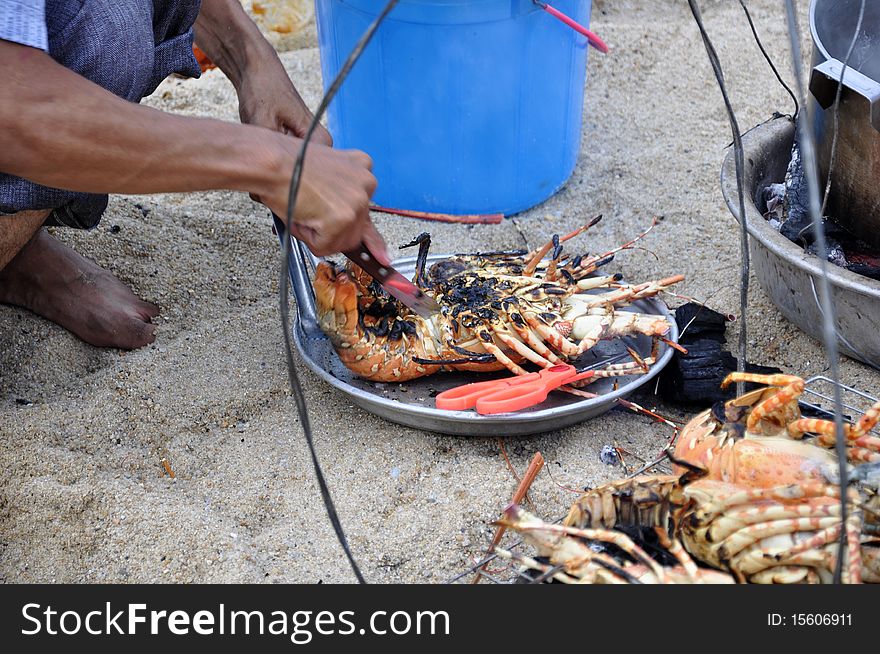 Preparation of Barbecued Lobster at the Beach in Nha Trang in Vietnam
