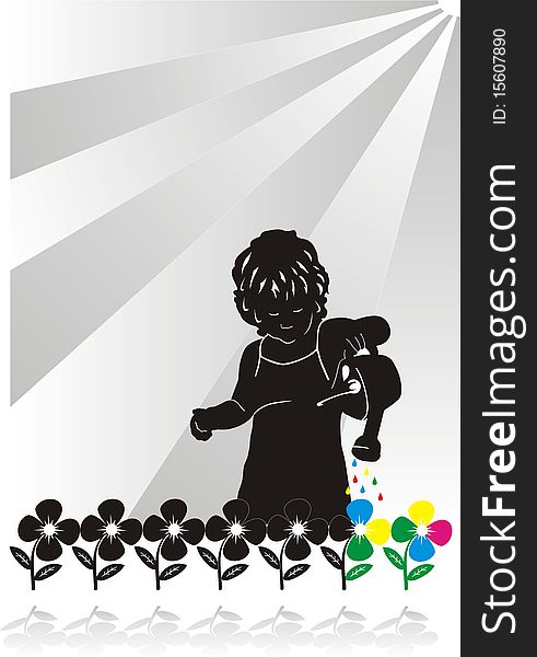 Silhouette of little girl with watering can. Silhouette of little girl with watering can