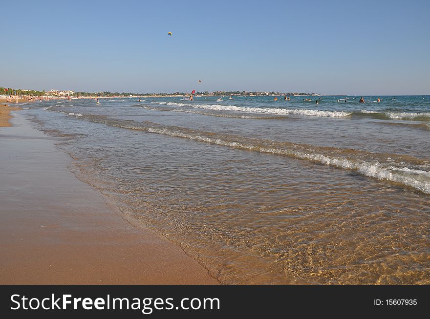 The sandy shore of the Mediterranean,10.07.2010. The sandy shore of the Mediterranean,10.07.2010