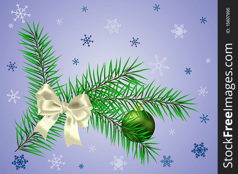 White bow and sphere on green fir. White bow and sphere on green fir