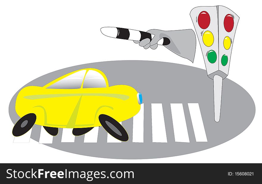 The situation on the pedestrian crossing with car and traffic lights in the form of illustrations. The situation on the pedestrian crossing with car and traffic lights in the form of illustrations