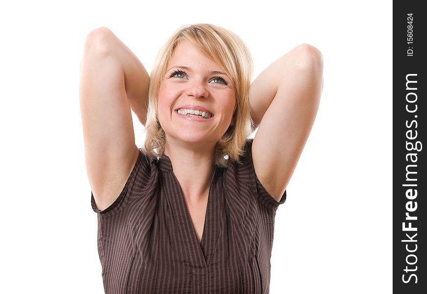 Happy smiling woman with hands behind head isolated on white. Happy smiling woman with hands behind head isolated on white