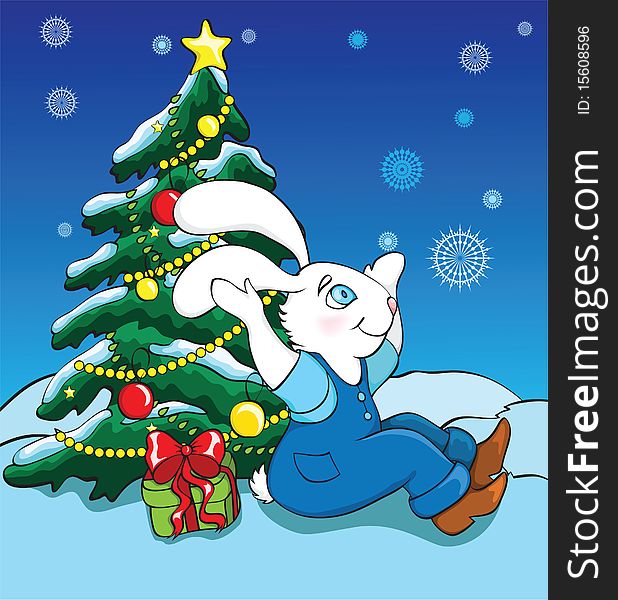 Illustration rabbit and new year tree on winter background