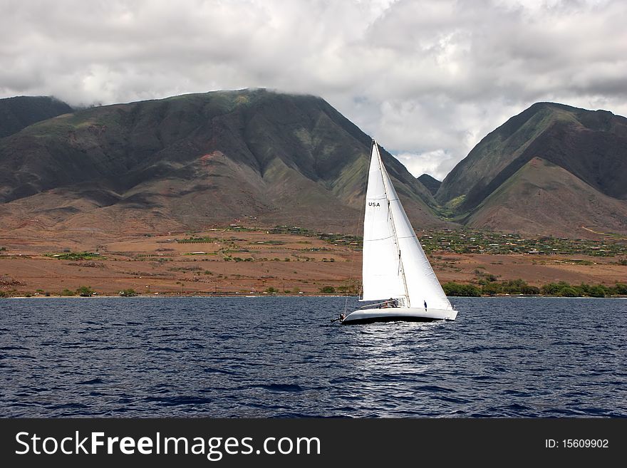 Sailboat on beautiful Maui Hawaiian Island ocean