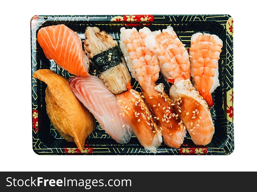 Isolated Top View Of Sushi Set Include Salmon, Grilled Salmon, Shrimp, Squid, And Tofu Skin