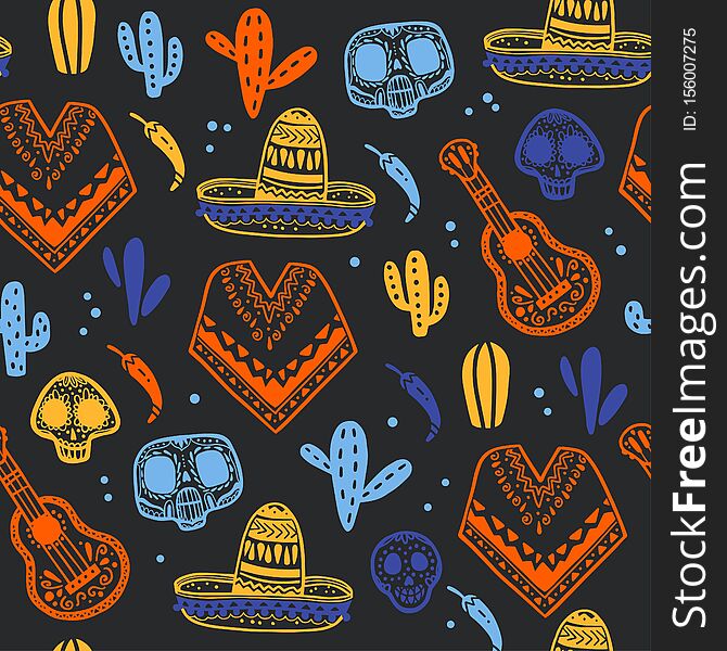 Vector seamless pattern with Mexico traditional celebration decor elements