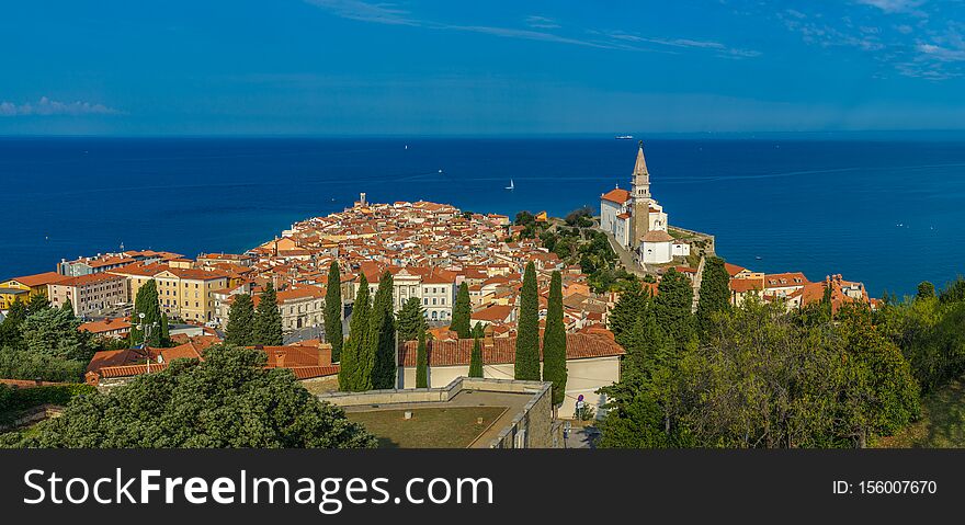 Panoramic view of Piran over Adriatic Sea, Slovenia.