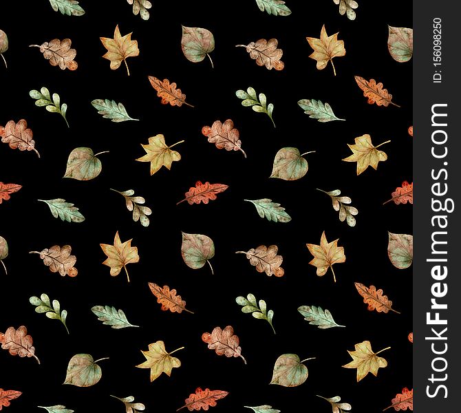 Pattern Of Watercolor Colorful Autumn Leaves - Red, Yellow, Green, Orange, Brown On Black Background.