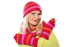 Pretty Funny Winter Woman In Hat And Gloves Stock Photos Pretty Funny Winter Woman In Hat And Gloves Stock Photos