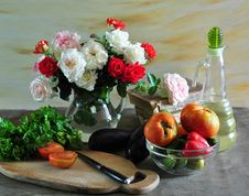 Still Life With Roses And Vegetables Stock Image