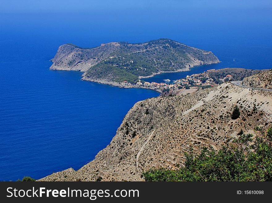 View of assos village at kefalonia island in greece