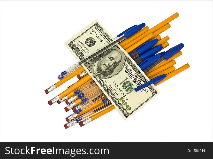 Isolated pens, pencils and money on a white backround