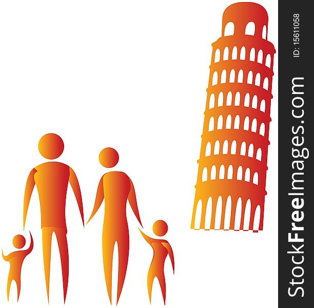 Human family standing in front of leaning tower of pisa. Human family standing in front of leaning tower of pisa