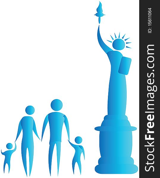 Human family standing in front of statue of liberty. Human family standing in front of statue of liberty