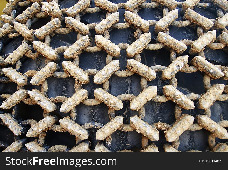 Closeup To Dirty Tire Chain Of A Loader