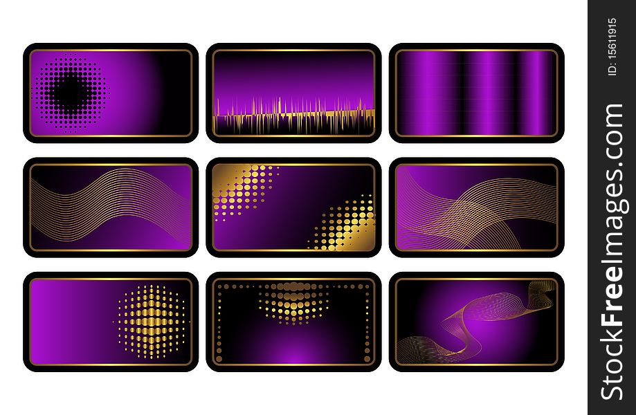Set of purple credit cards  with golden ornaments.  Vector. Set of purple credit cards  with golden ornaments.  Vector.